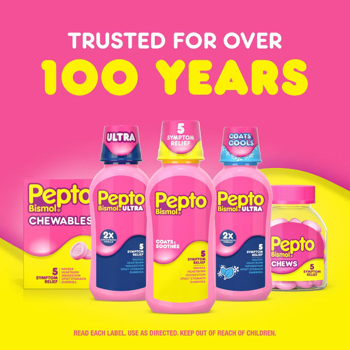 Pepto Bismol product lineup featuring original liquid, ultra strength, and chewable tablets for multi-symptom relief