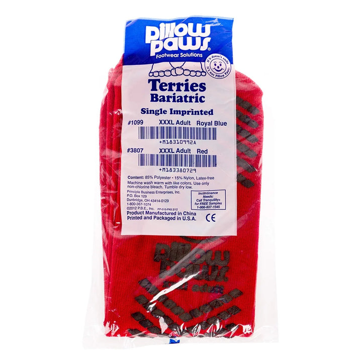 Pillow Paws Risk Alert Terries Single Imprint Bariatric Slipper Socks Packaging Label showing size 3XL Adult Red, #3807-001 ABD Medical