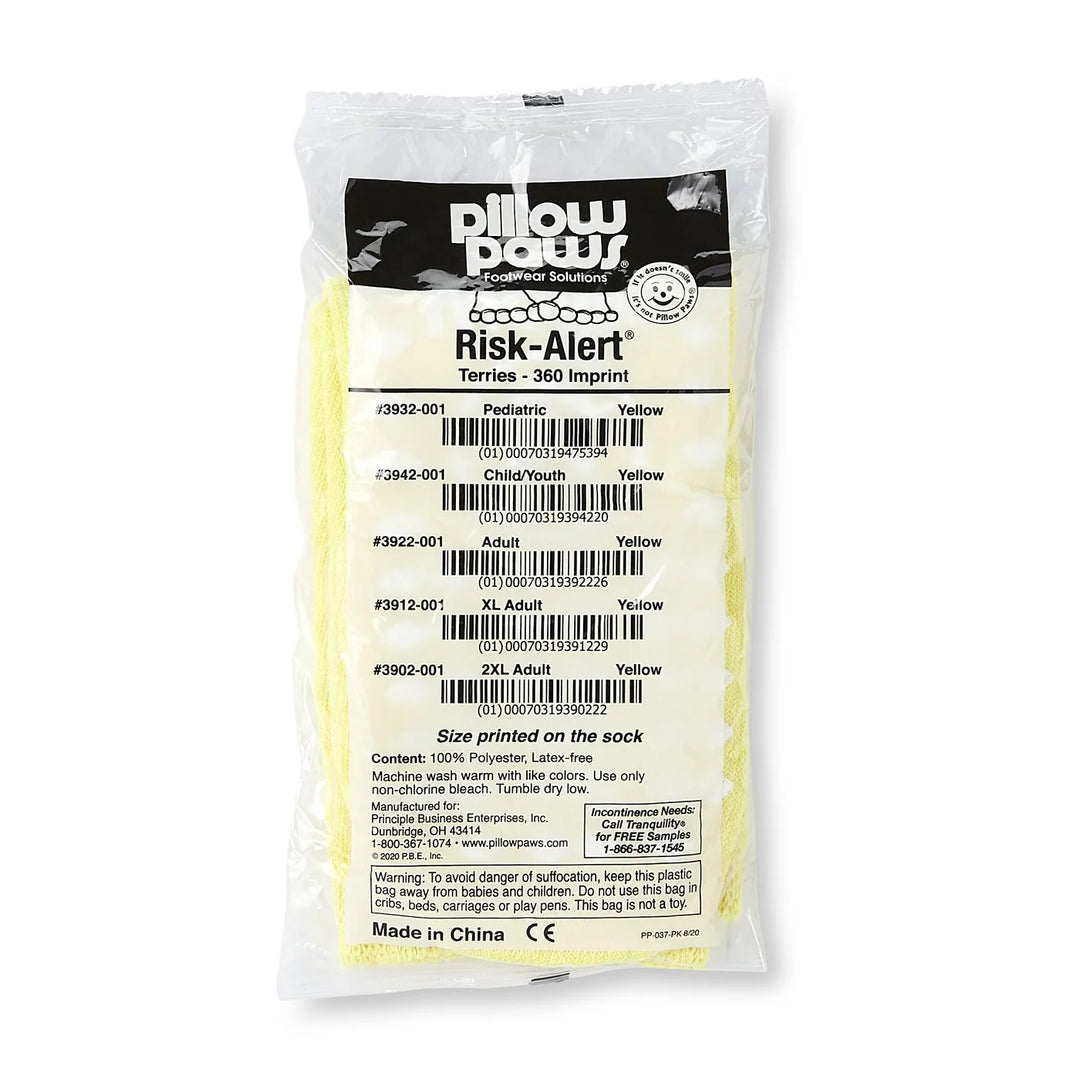 Pillow Paws Risk Alert Terries All Around Tread Slipper Socks Packaging and Size Guide, Unisex Adult, 3X-Large/X-Wide, Yellow, #3907-001 ABD Medical