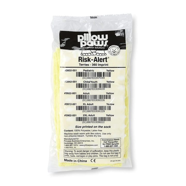 Pillow Paws Risk Alert Terries All Around Tread Slipper Socks Packaging and Size Guide, Unisex Adult, 3X-Large/X-Wide, Yellow, #3907-001 ABD Medical