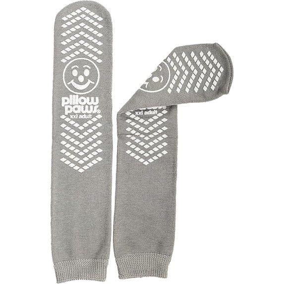 Gray Pillow Paws single imprint terries slipper socks showing the non-slip tread bottom in unisex adult 2X-Large
