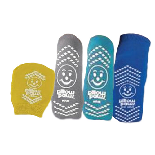 Pillow Paws single imprint terries slipper socks color-coded size range featuring yellow, gray, teal, and blue adult and pediatric non-slip socks