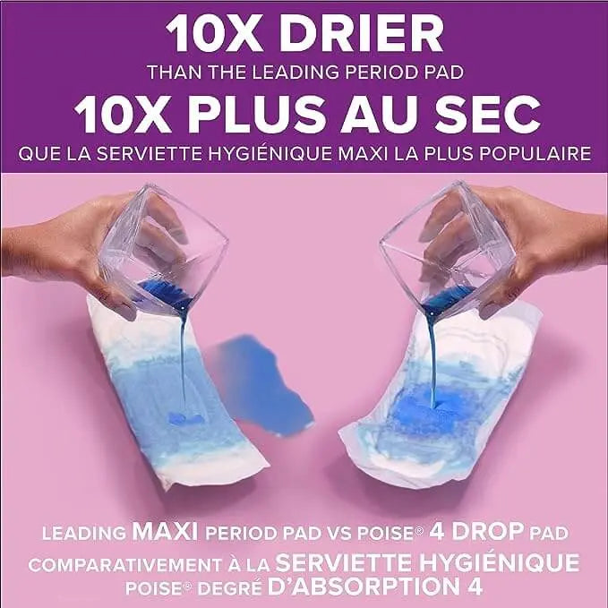 Poise 4 Drop Moderate Pad vs Leading Maxi Period Pad Dryness Comparison Graphic Showing 10X Drier Protection