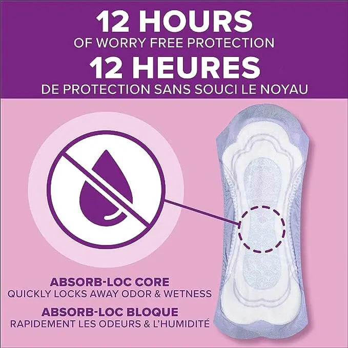 Poise Fresh Protection Incontinence Pad Feature Graphic Showing Absorb Loc Core for 12 Hours Protection