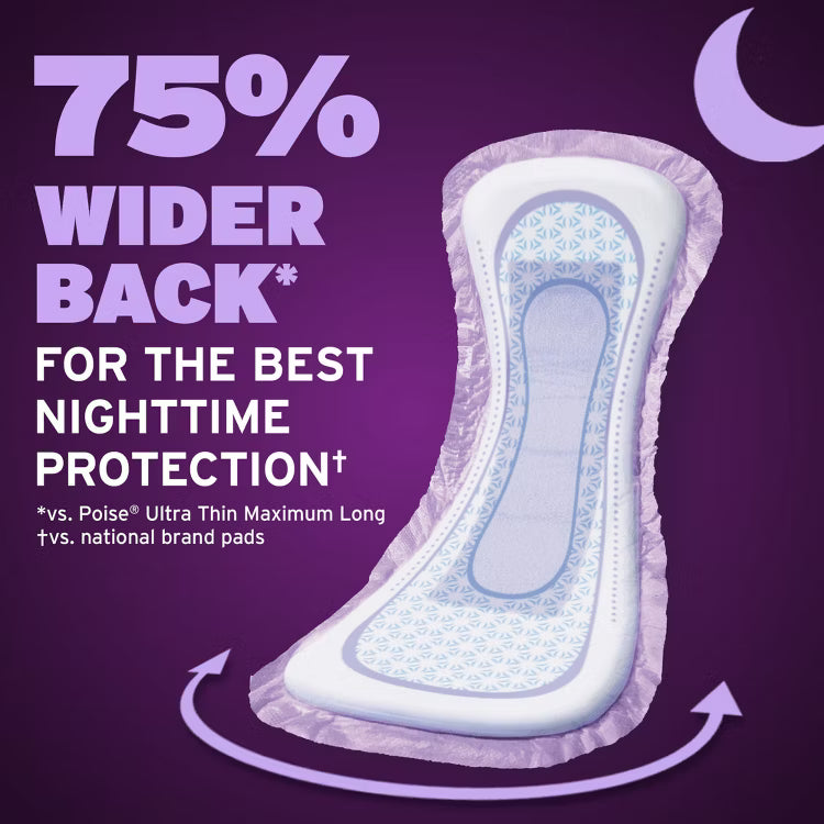 Poise Fresh Protection 8 drop overnight incontinence pad featuring 75 percent wider back for nighttime protection #54943