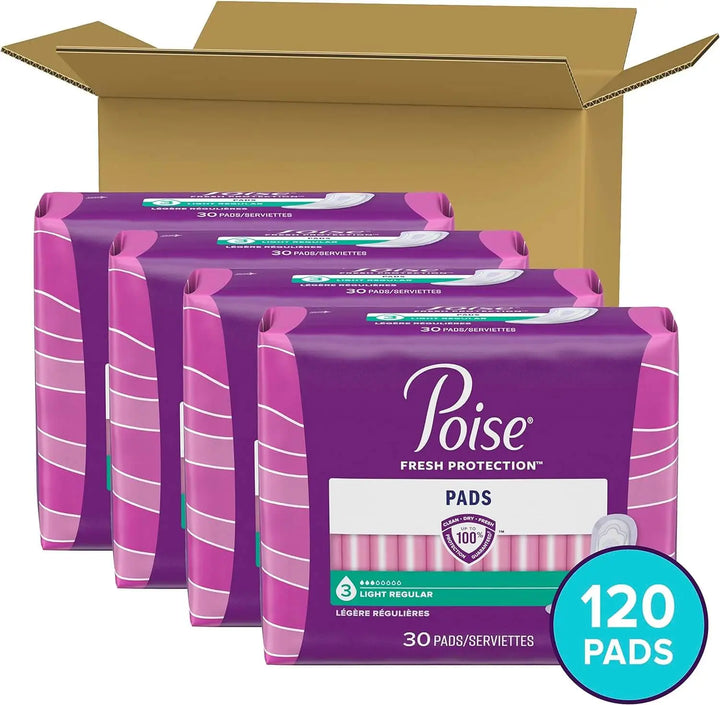 Poise Fresh Protection 3 drop light absorbency regular length incontinence pads 120 count case #51668