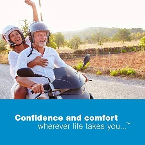 Senior couple riding a moped outdoors with text reading Confidence and comfort wherever life takes you