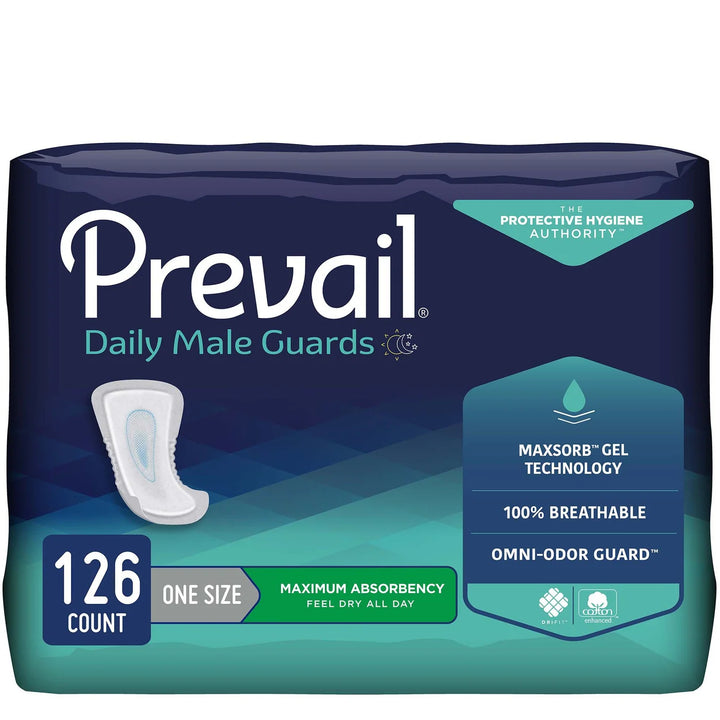 Prevail Guards for Men 13-Inch Heavy Absorbency packaging showing 126 count, MaxSorb Gel Technology, and 100% breathable design, MPN PV-811, ABD Medical