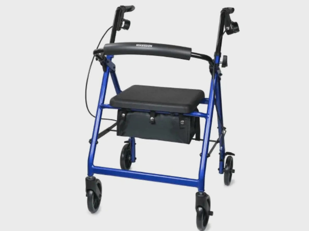 McKesson folding 4-wheel rollator walker in blue with padded seat