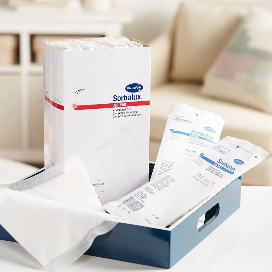 Hartmann Sorbalux sterile 1-ply abdominal ABD pad 8 x 10 inch box with individual pouches #48720000