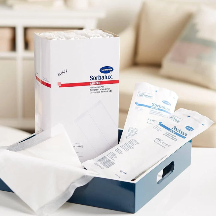 Hartmann Sorbalux sterile 1-ply abdominal ABD pad 8 x 10 inch box with individual pouches #48720000