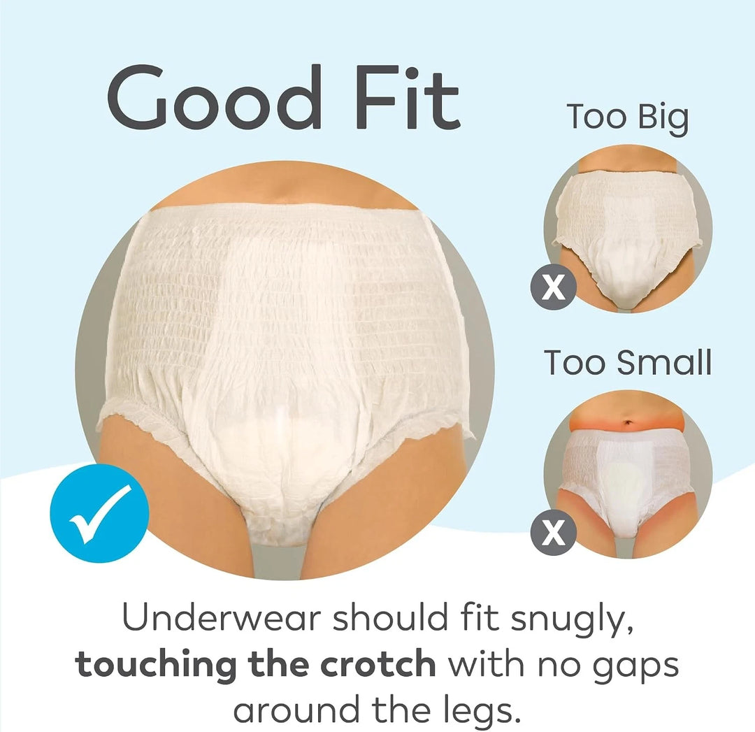 Proper fit guide for Swimmates disposable swimwear showing correct snug fit versus improper too big and too small sizes