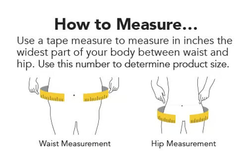 How to measure guide showing step-by-step instructions and illustrations for measuring the widest part of the body between waist and hip to determine proper adult underwear size