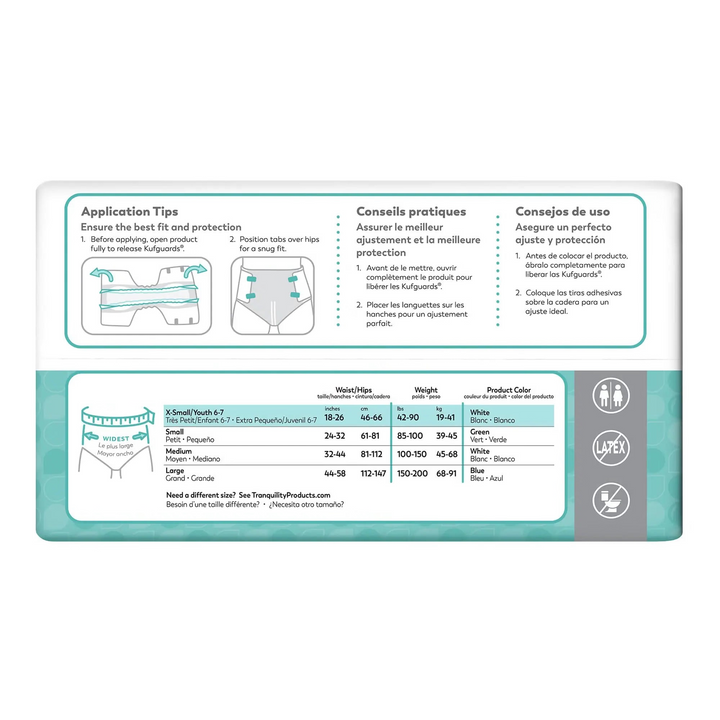 Tranquility Essential Breathable Briefs packaging showing step-by-step application tips and sizing chart