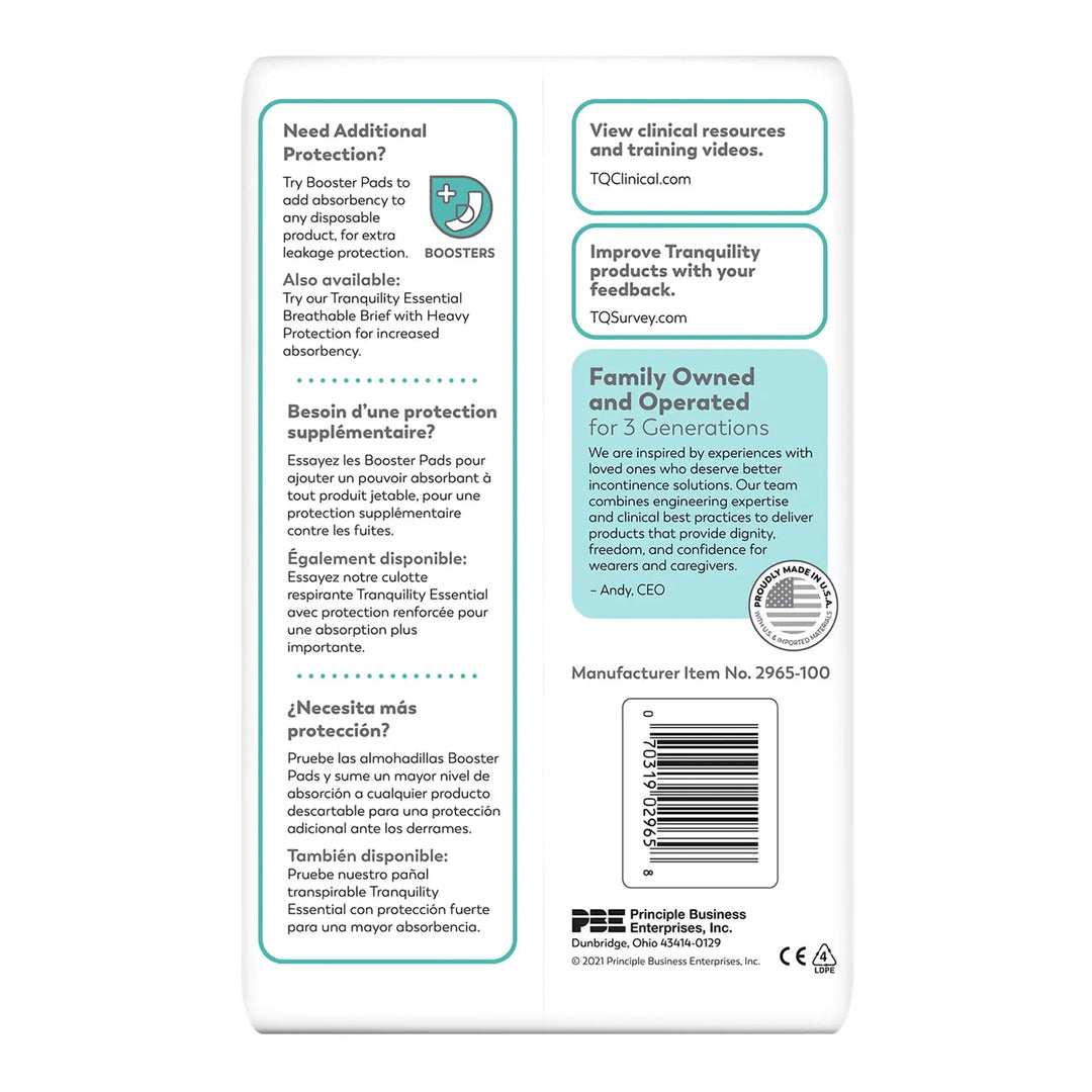 Back view of Tranquility Essential Breathable Briefs packaging showing booster pad recommendations, clinical resources info, and manufacturer barcode 2965-100