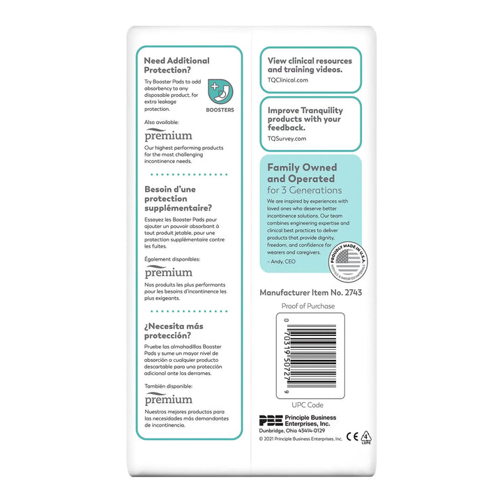 Back view of Tranquility Essential Breathable Heavy Absorbency Briefs packaging showing product information and barcode