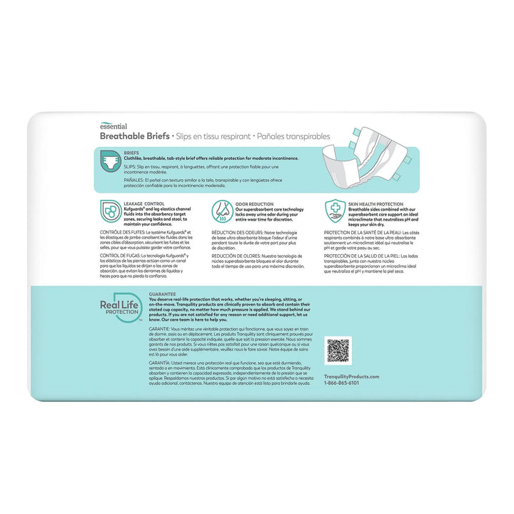 Back view of Tranquility Essential Breathable Briefs packaging highlighting leakage control, odor reduction, skin health protection, and product guarantee features