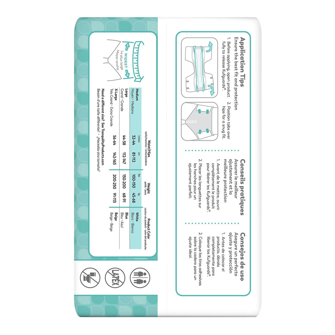 Back view of Tranquility Essential Moderate Absorbency Briefs packaging showing size chart and application tips