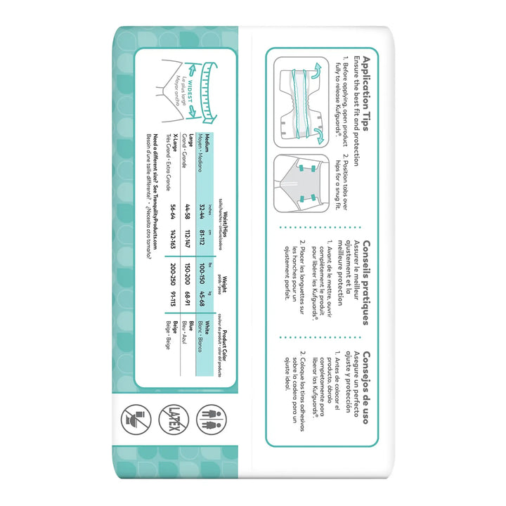 Back view of Tranquility Essential Moderate Absorbency Briefs packaging showing size chart and application tips