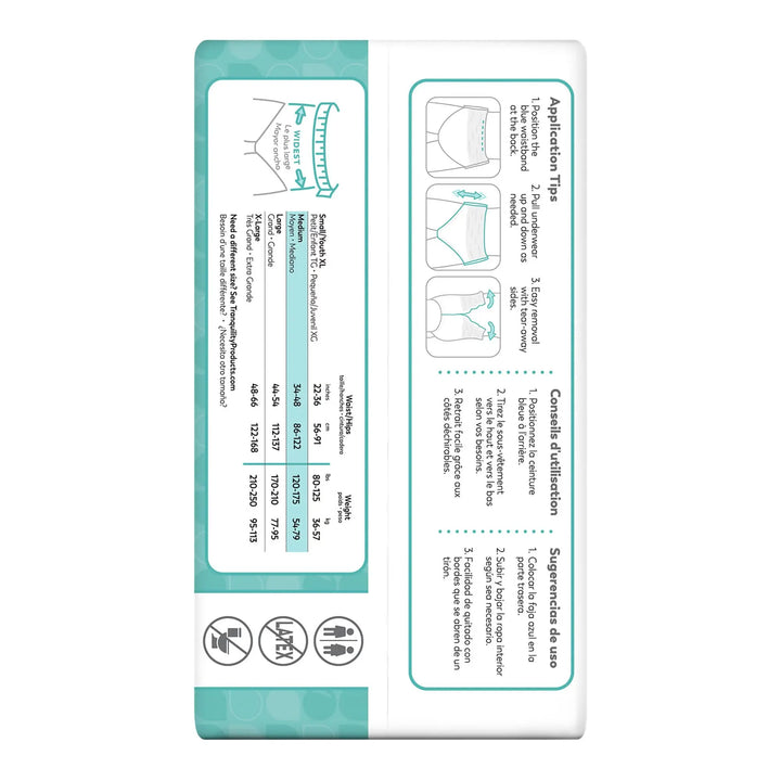 Back view of Tranquility Essential Underwear packaging detailing sizing chart and application tips