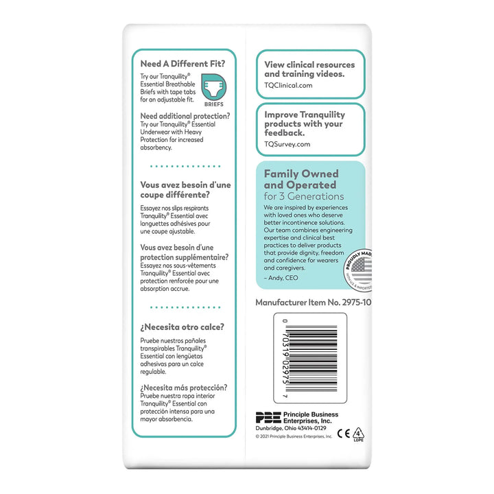 Back view of Tranquility Essential Underwear packaging showing clinical resources link, family-owned company details, and manufacturer item number 2975-10 barcode