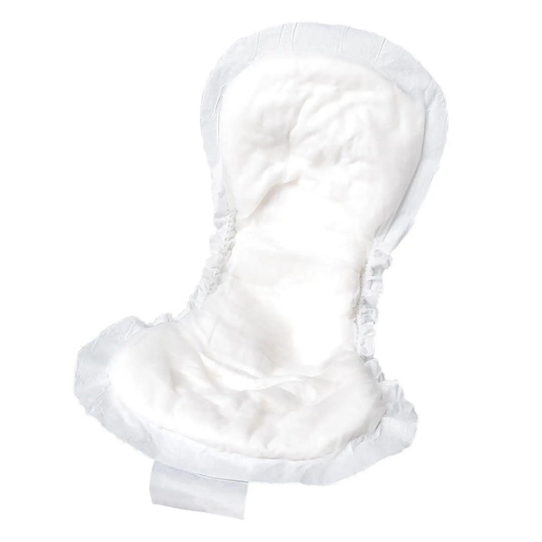 Single unfolded Tranquility Personal Care Pad displaying contoured shape, gathered side elastics, and adhesive backing strip for item 2482