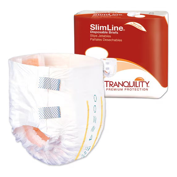 Tranquility SlimLine Disposable Junior Brief Extra Small shown next to retail packaging