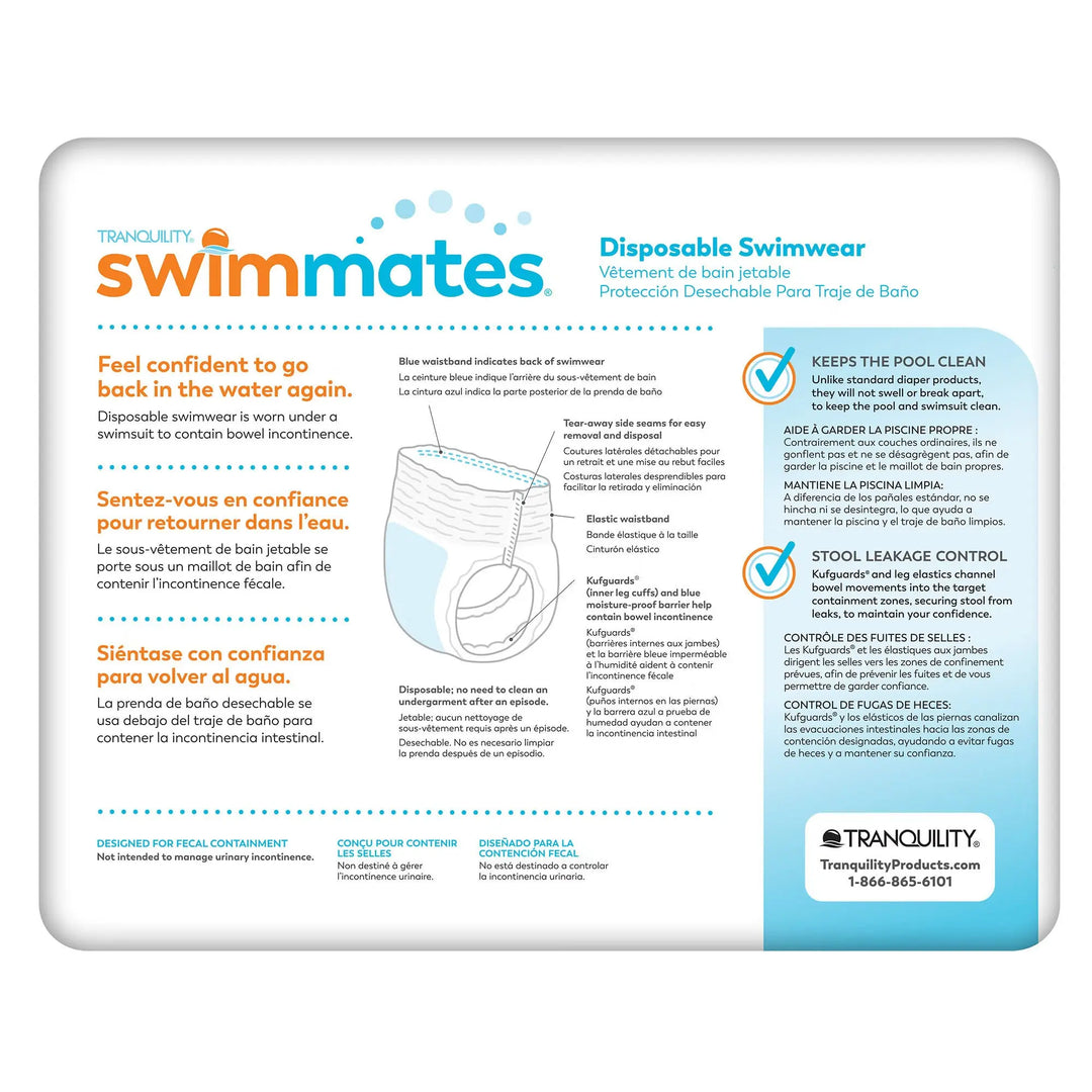 Back view of Tranquility Swimmates Disposable Swimwear packaging showing feature diagram, tear-away side seams, and stool leakage control details