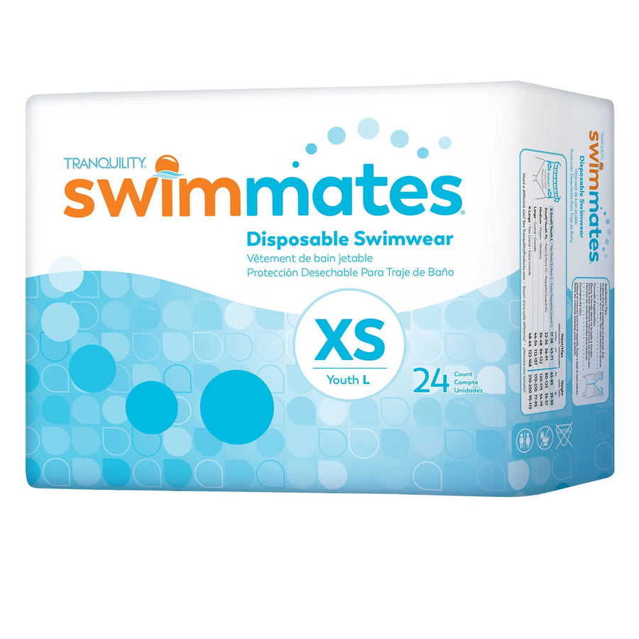 Tranquility Swimmates Disposable Swimwear packaging in Size X-Small Youth Large showing 24 count pack and sizing details