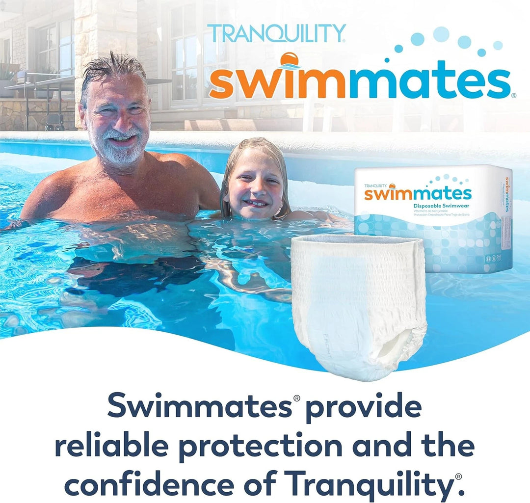 Man and girl swimming in a pool next to a Tranquility Swimmates disposable swimwear brief and product package