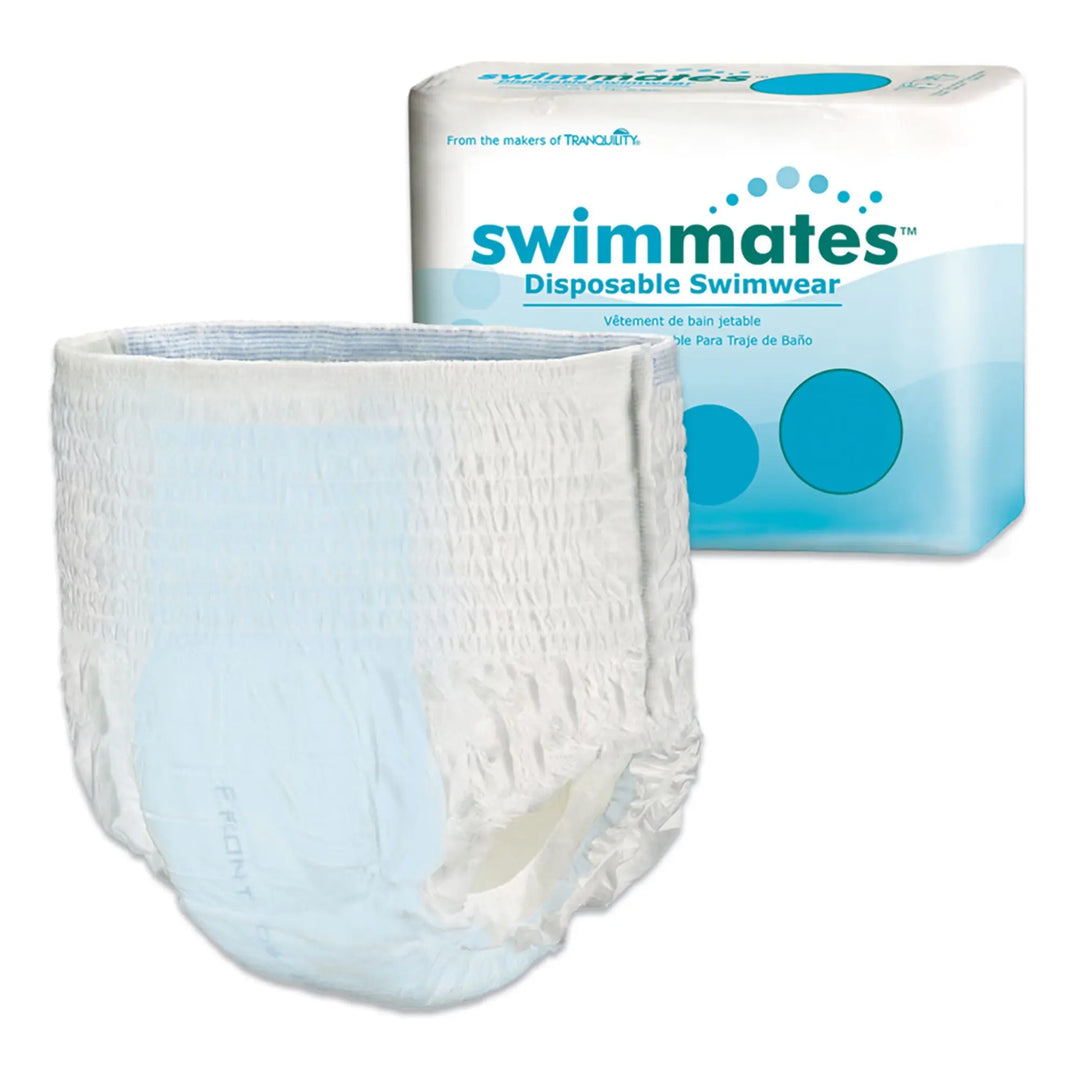 Tranquility Swimmates Disposable Swimwear in Size 2XL Plus shown alongside original packaging 12 count pack