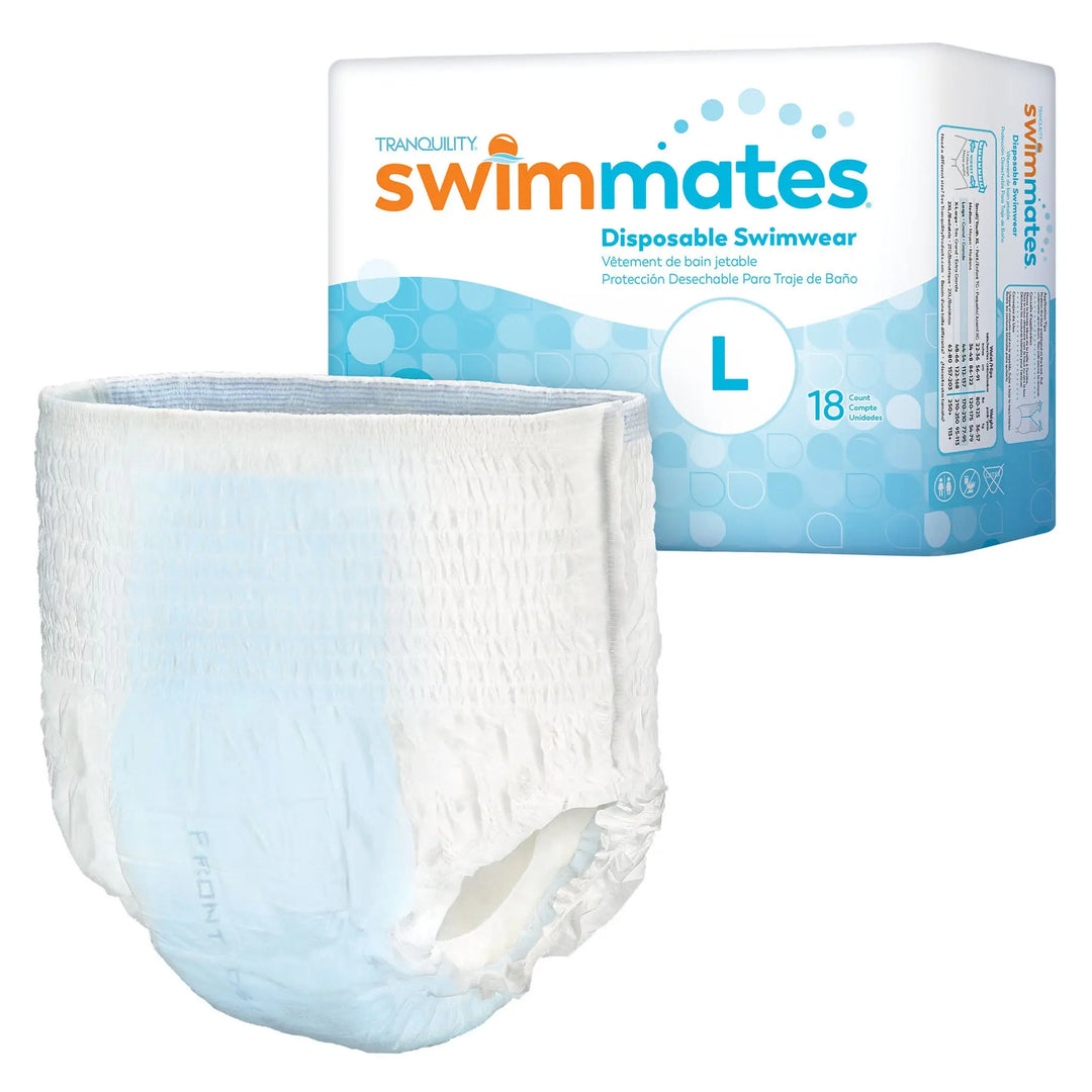 Tranquility Swimmates Disposable Swimwear in Size Large shown alongside original packaging 18 count pack Item 2846