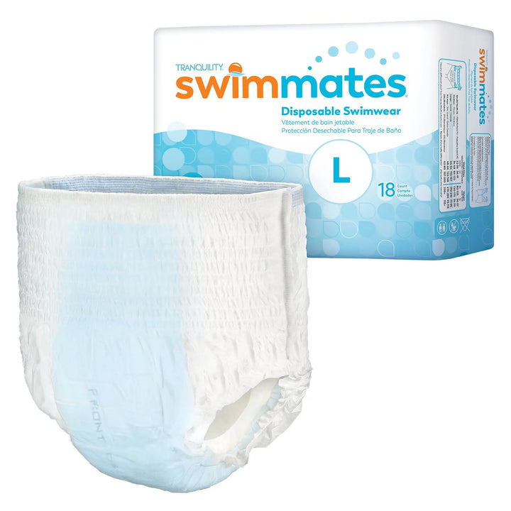 Tranquility Swimmates Disposable Swimwear in Size Large shown alongside original packaging 18 count pack Item 2846