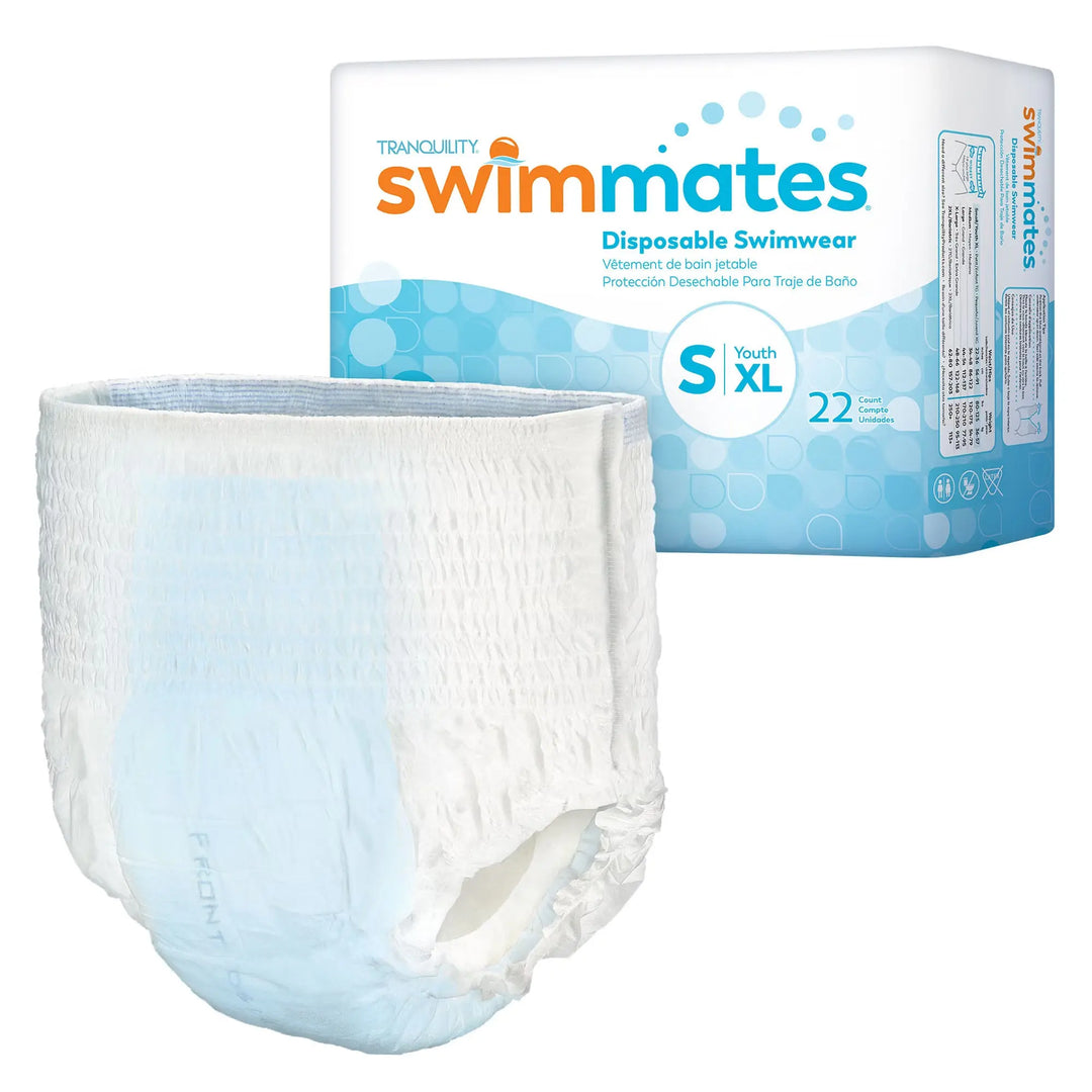 Tranquility Swimmates Disposable Swimwear in Size Small Youth XL shown alongside original packaging 22 count pack Item 2844