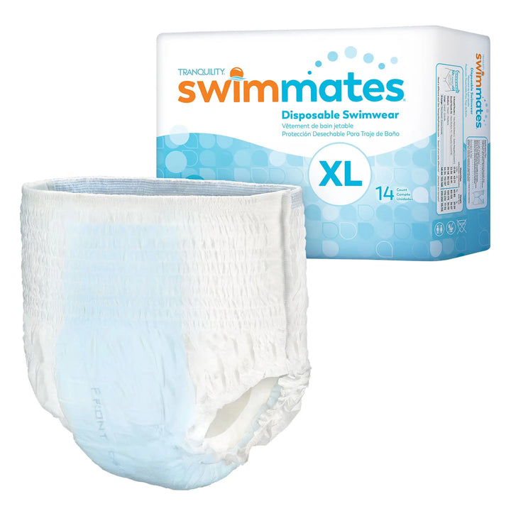 Tranquility Swimmates Disposable Swimwear in Size XL shown alongside original packaging 14 count pack Item 2847