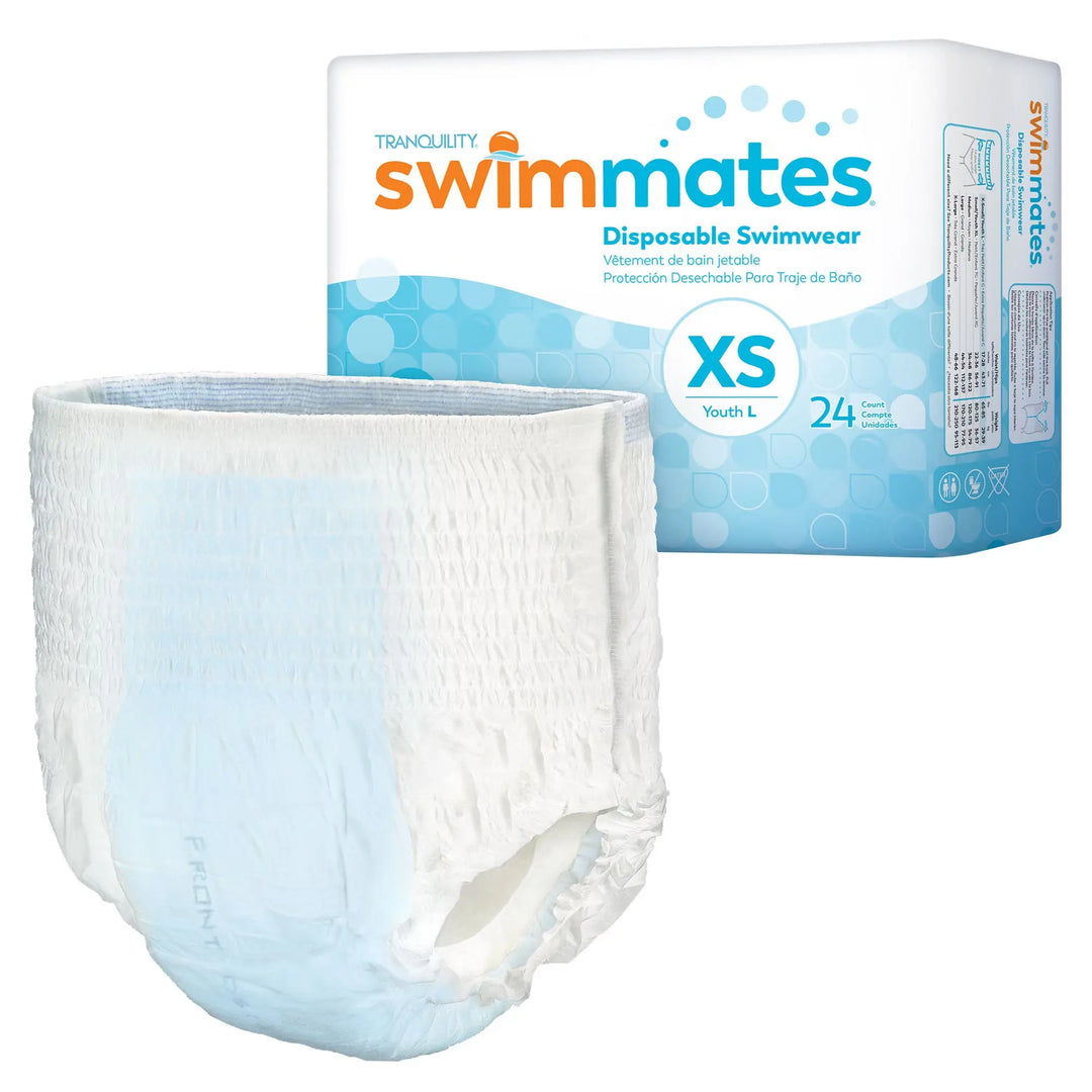 Tranquility Swimmates Disposable Swimwear in Size X-Small Youth Large shown alongside original packaging pack of 24