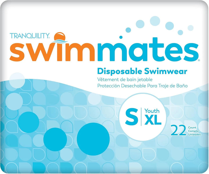 Tranquility Swimmates disposable swimwear product packaging in size Small Youth XL showing 22 count pack