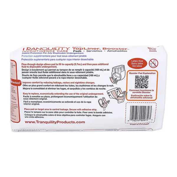 Back View of Tranquility TopLiner Mini Booster Pad Package Showing Product Details and Application Instructions #2072