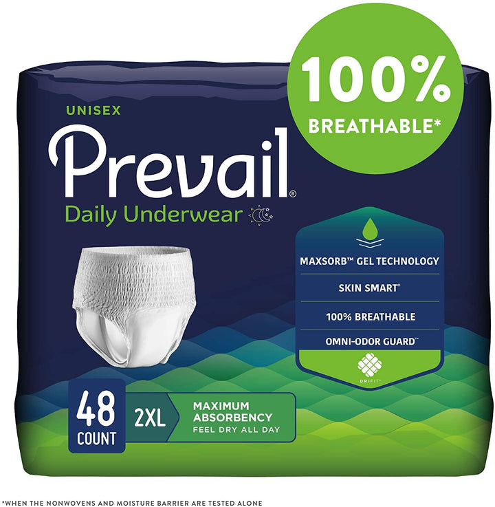 Prevail 2X-Large | Unisex Incontinence Protective Underwear - Maximum Absorbency - 48 Count (4 bags of 12)