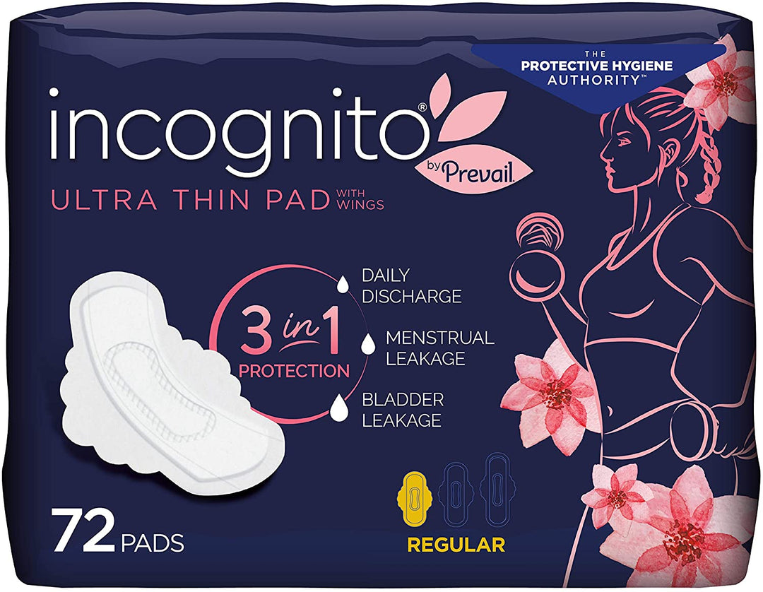Incognito by Prevail | 3-in-1 Protective Ultra Thin Pad with Wings for Menstrual & Bladder Leaks | Super Absorbency | 64 Count