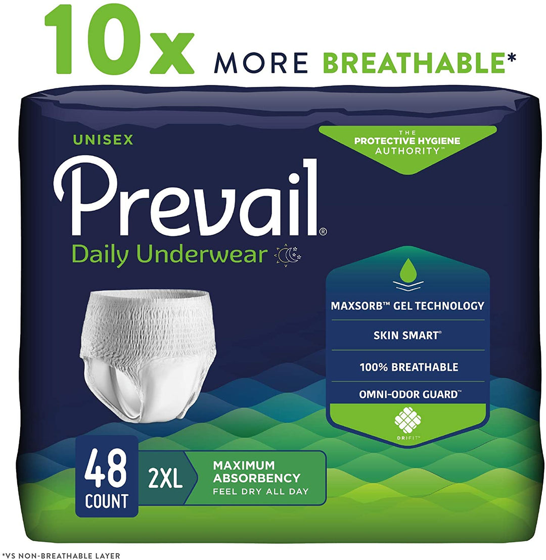 Prevail 2X-Large | Unisex Incontinence Protective Underwear - Maximum Absorbency - 48 Count (4 bags of 12)
