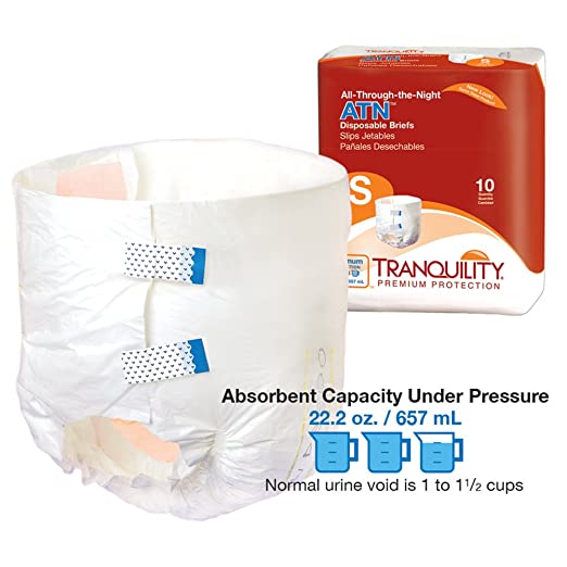 Tranquility ATN Adult Disposable Briefs, Refastenable Tabs with All-Through-The-Night Protection, S (24"-32") 10 each