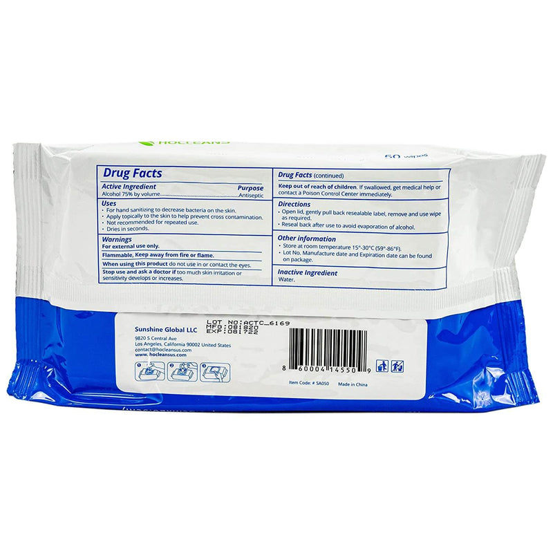Hocleans Hand Sanitizing Alcohol Wipes, 50 PK