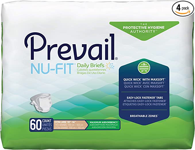 Prevail Nu-FIT Maximum Absorbency Incontinence Briefs, Extra Large (56" to 64")