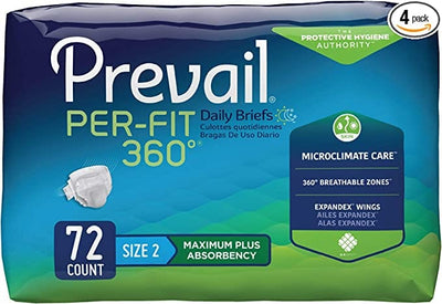Prevail Proven | Per-Fit 360 Incontinence Briefs with Tabs | Maximum Plus Absorbency | Size 2 (45" to 62")