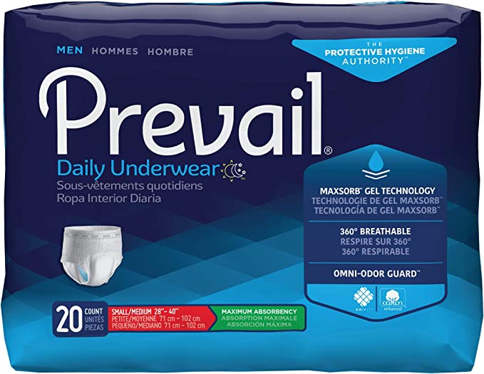 Prevail Maximum Absorbency Incontinence Underwear for Men, Small/Medium (28" to 40")