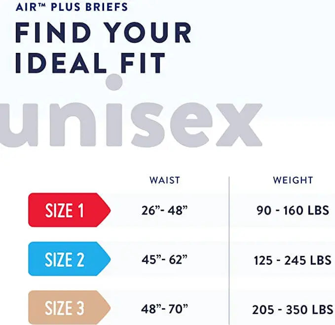 Prevail Air Plus Daily Briefs Sizing and Weight Chart for Size 2 Large, 45 to 62 Inch Waist, #PVBNG013CA