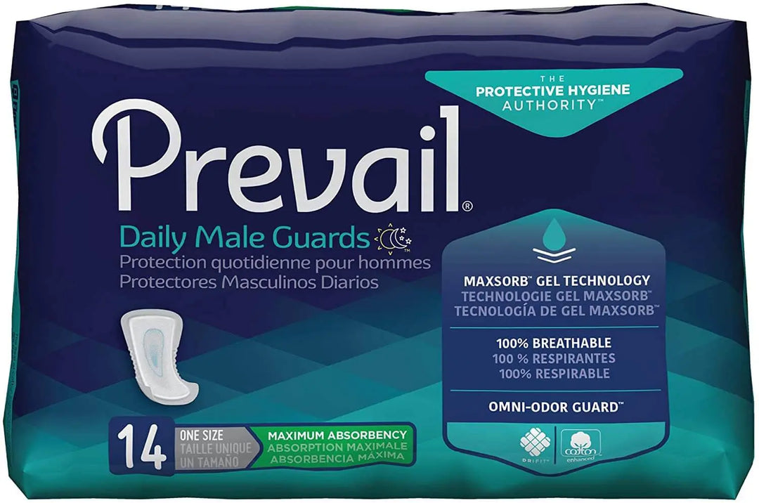 Prevail Guards for Men 13-Inch Maximum Absorbency packaging showing 14 count, MaxSorb Gel Technology, and 100% breathable design, MPN PV-811 ABD Medical