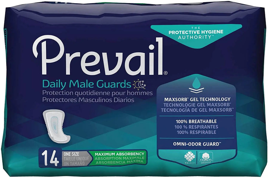 Prevail Guards for Men 13-Inch Maximum Absorbency packaging showing 14 count, MaxSorb Gel Technology, and 100% breathable design, MPN PV-811 ABD Medical