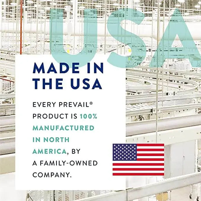 Prevail Guards for Men feature graphic highlighting 100% North American manufacturing in the USA by a family-owned company, ABD Medical